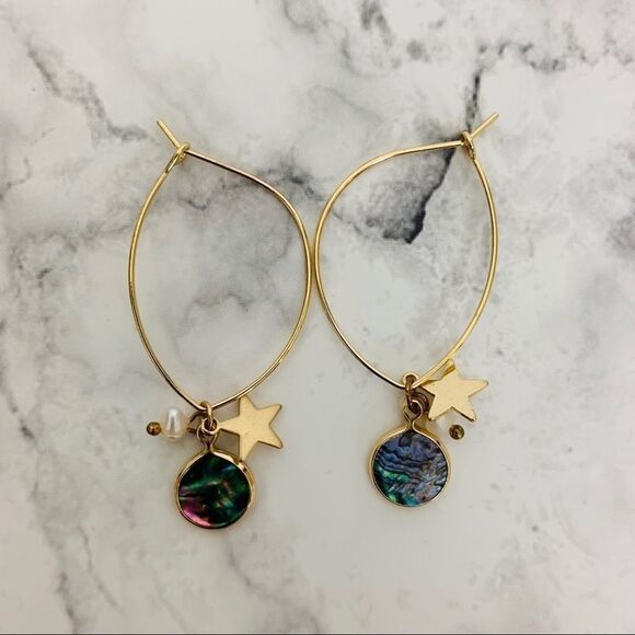 Abalone, Pearl & Star Charm Drop Hoop Earrings - Picture 1 of 8